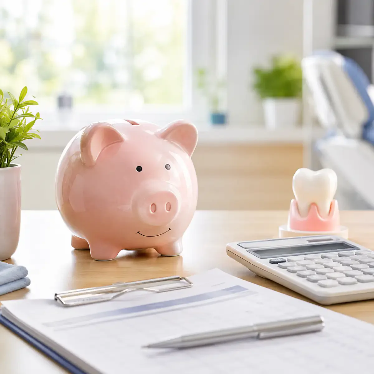 Piggy bank, calculator, and tooth model on a desk with paperwork