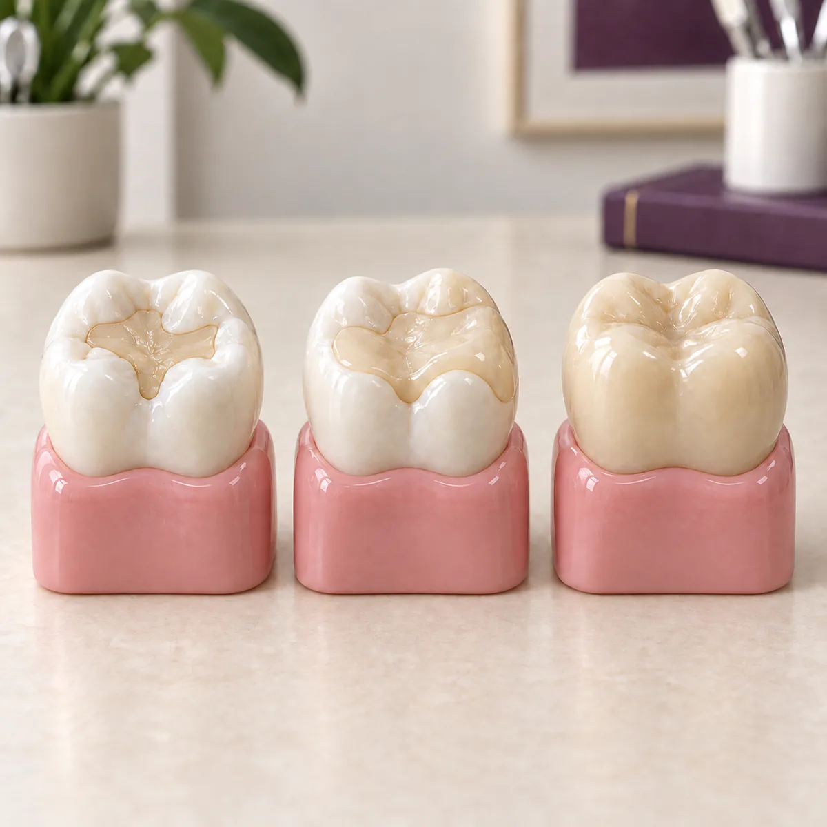 Dental models showing an inlay, onlay, and full crown