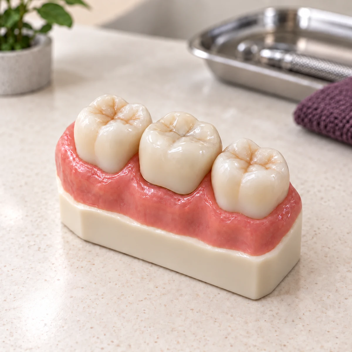 Ceramic crown fitted to a dental teaching model