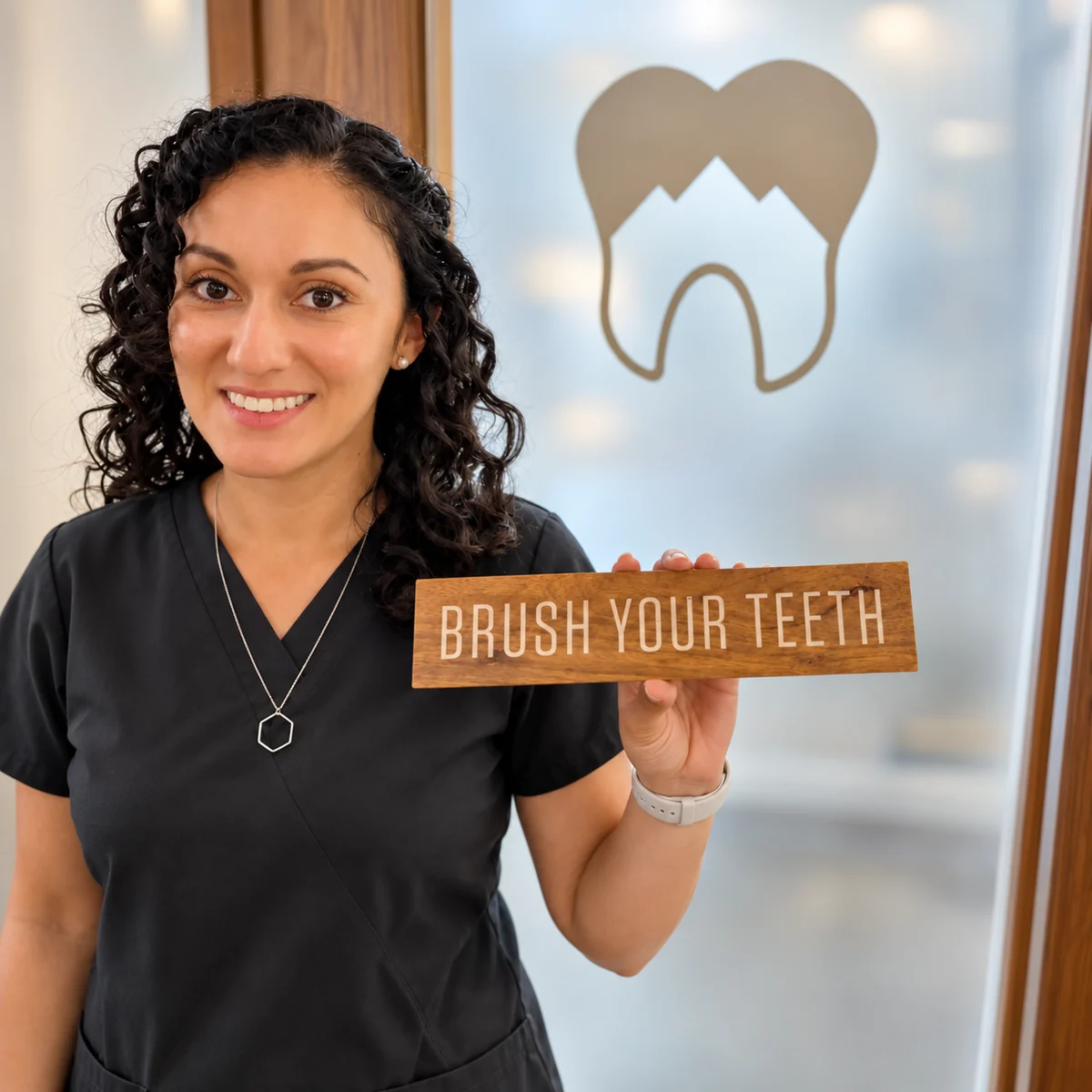 Dr. Freydell Hays holding a sign that reads Brush Your Teeth
