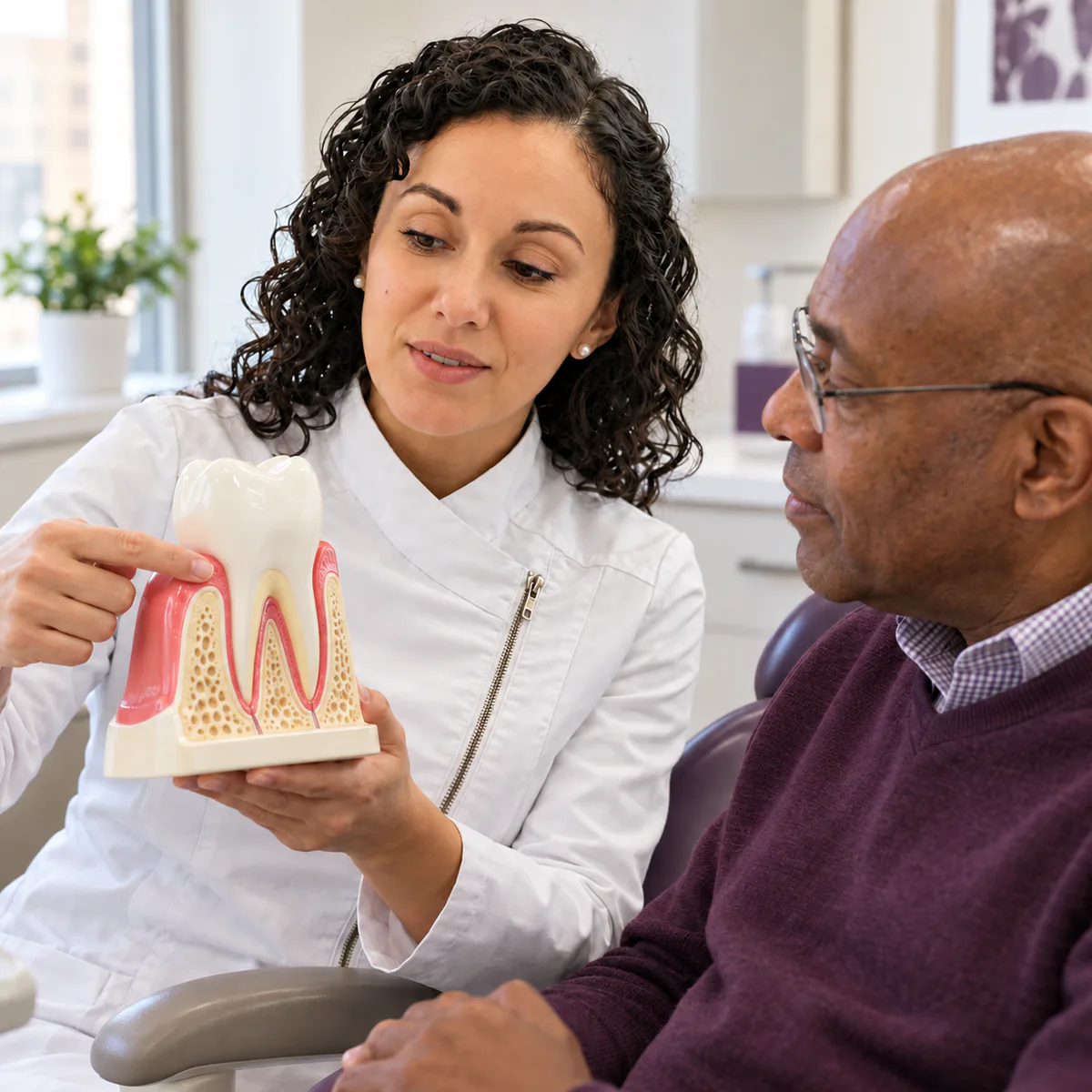 Clinician explaining gum health to a patient using a tooth model