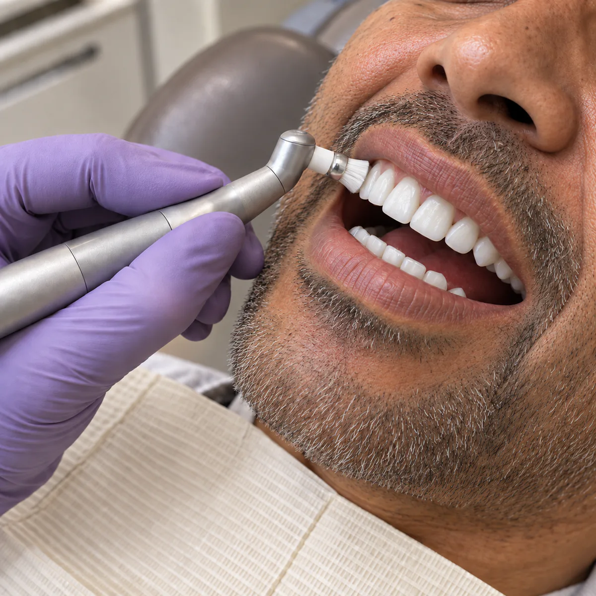 Close-up of a patient’s teeth being polished with a brush tip