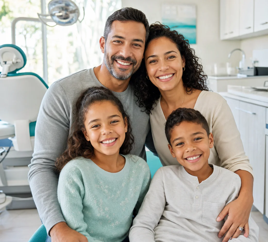 Family smiling together in a dental office
