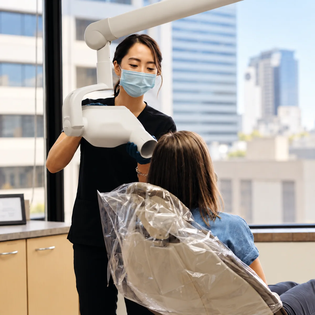 Naomi positioning an X-ray unit beside a seated patient