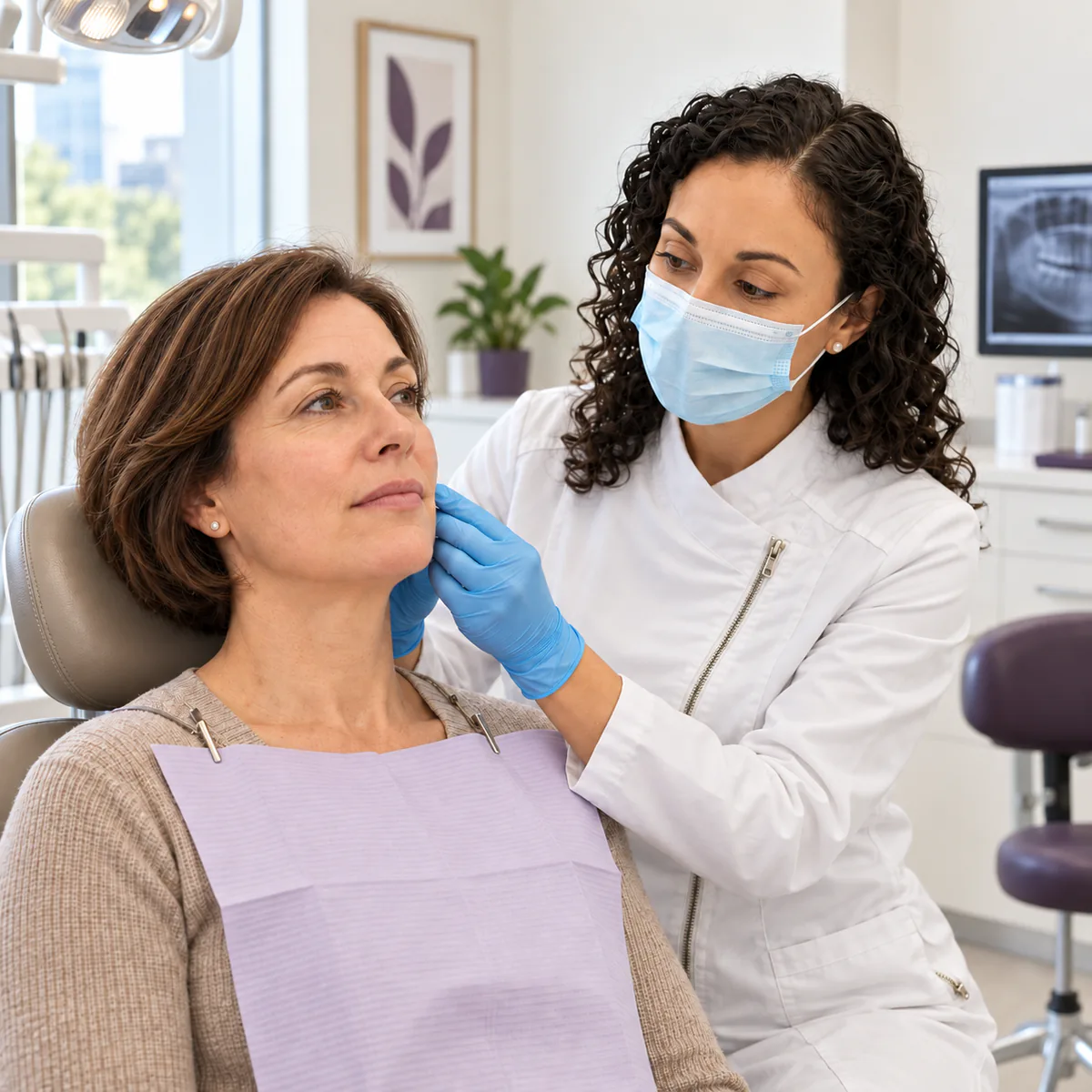 Clinician examining a patient’s jaw muscles