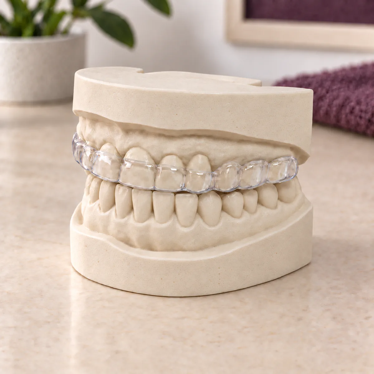 Clear custom nightguard fitted over a dental stone model