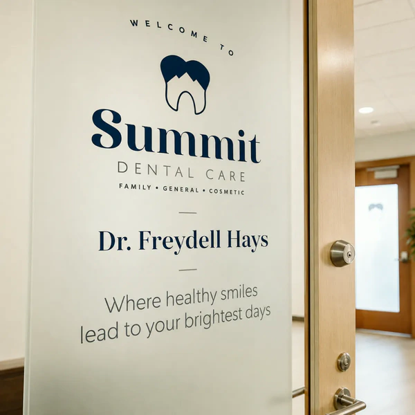 Summit Dental Care office entrance displaying practice information and a welcome message