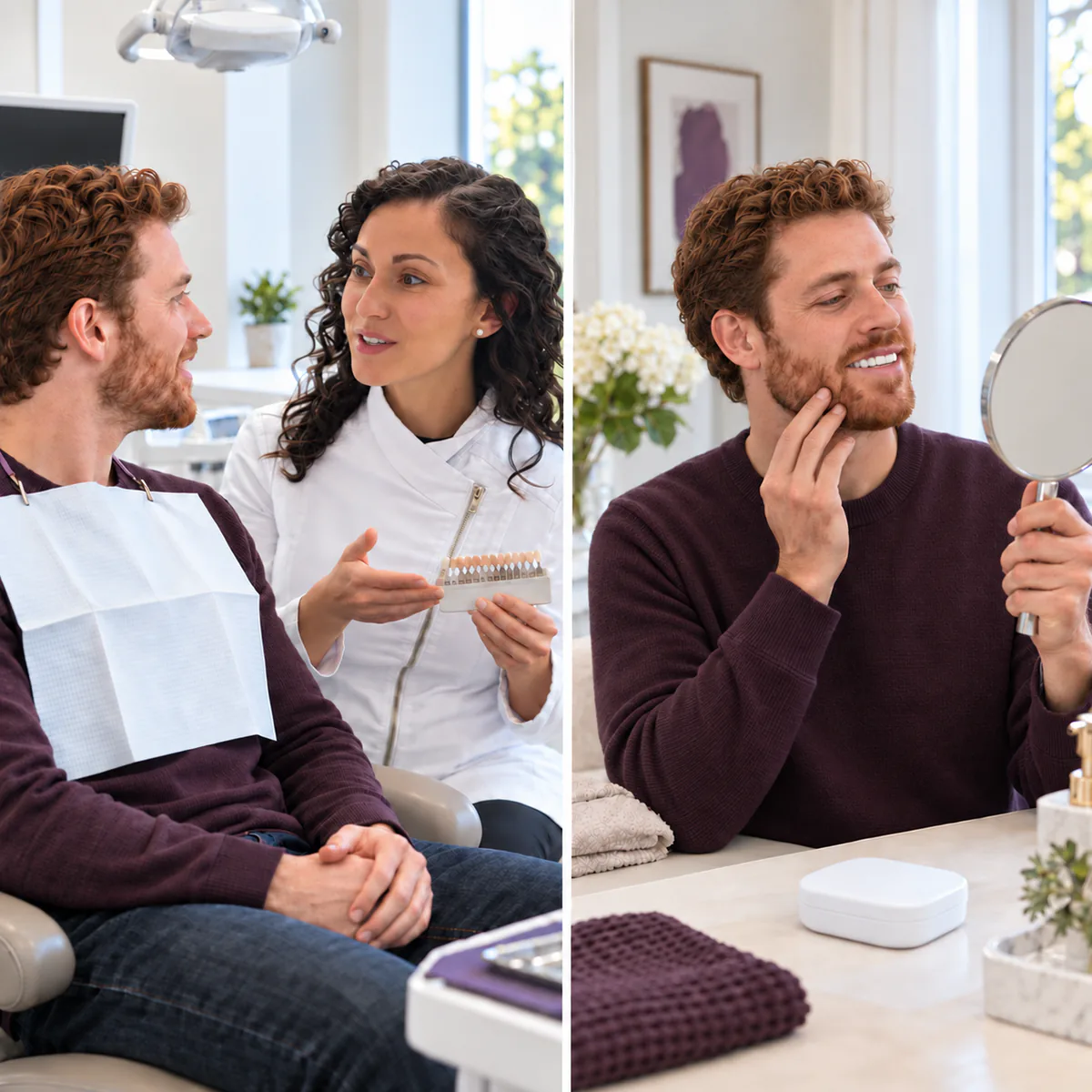 Whitening consultation alongside a patient checking his smile at home