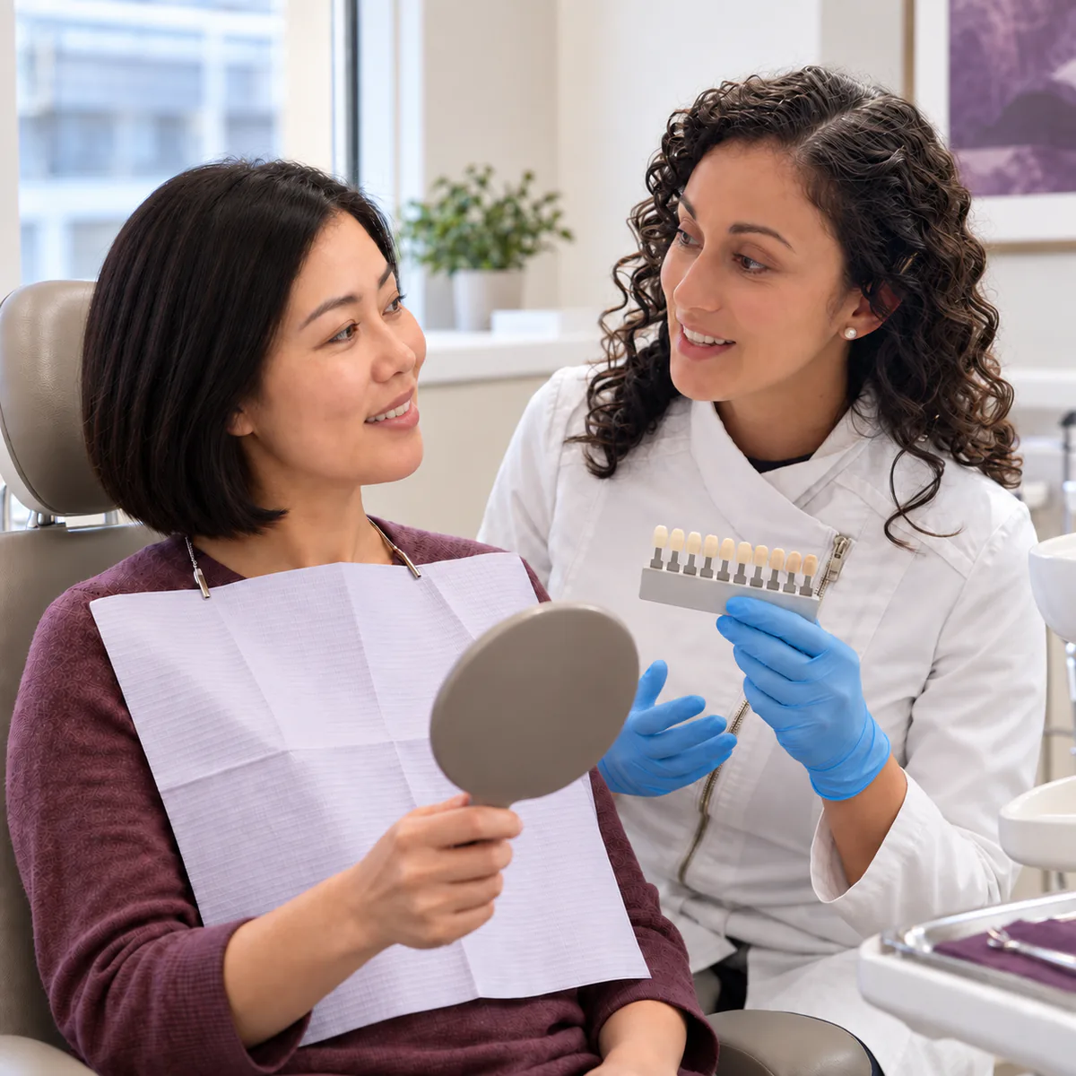 Clinician and patient discussing tooth shades with a shade guide