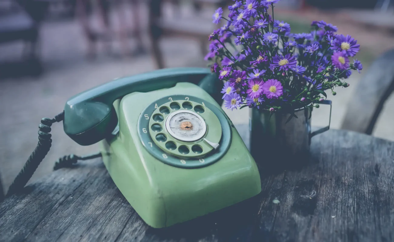 Vintage green telephone beside purple flowers